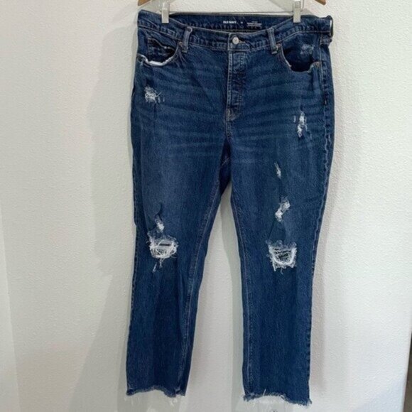 Old Navy High Rise Slouchy Straight Jean Distressed Button Fly Dark Wash - Picture 2 of 9